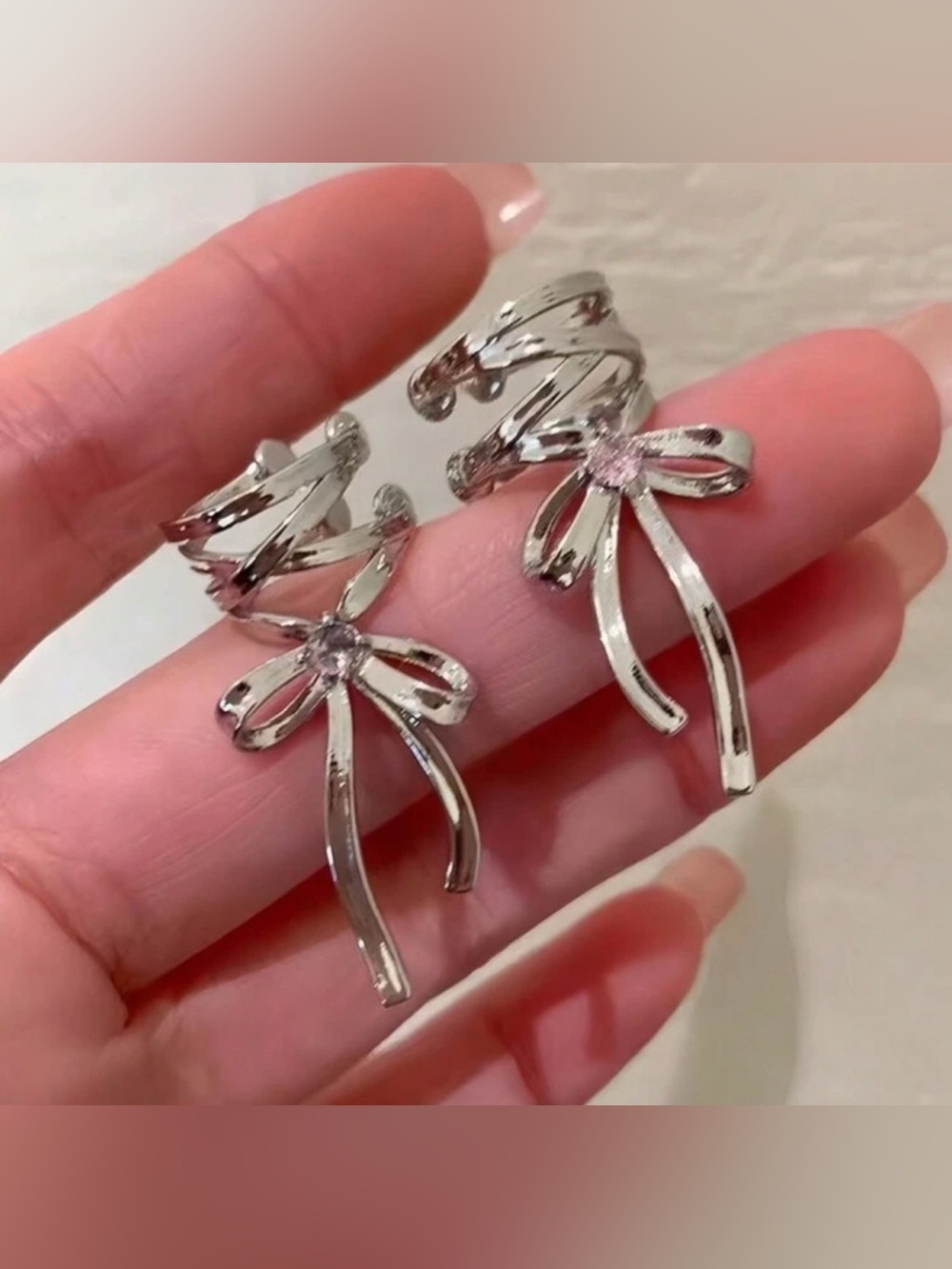 Silver Bow Wrap with CZ Accent | Adjustable Statement 2pc Ear Cuffs - Picture 3 of 3
